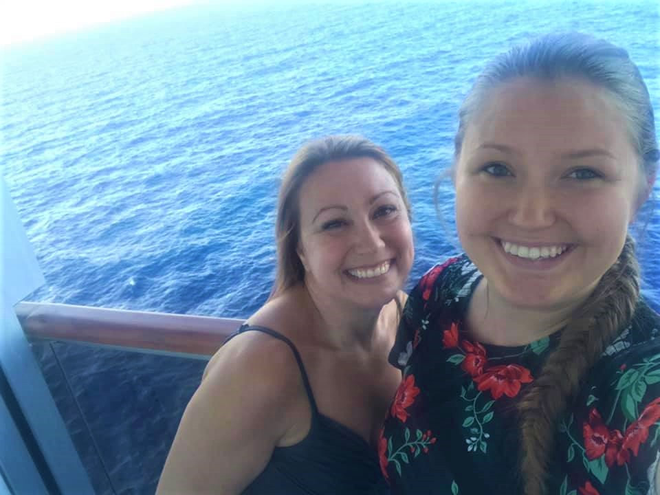 Rachel & Maggie out on their balcony on the Carnival Vista.