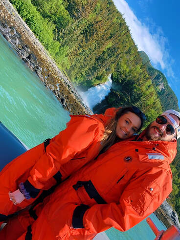 Christine and her fiance during a speedboat excursion through a fjord during their stop in Skagway, Alaska.